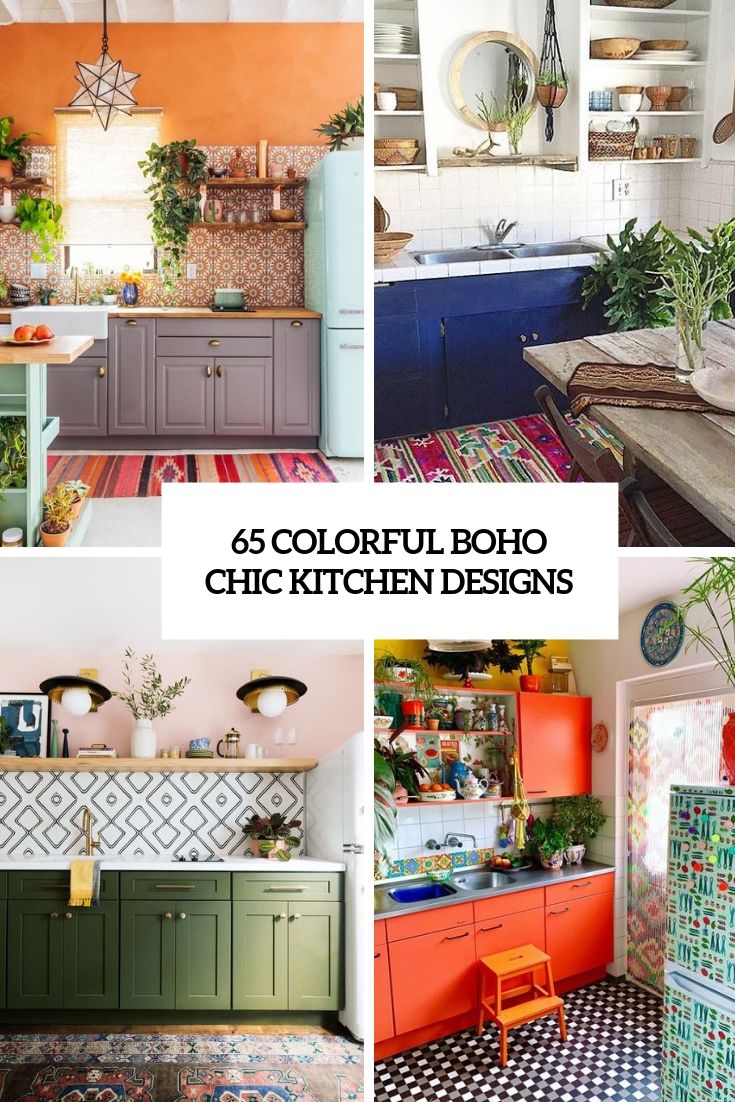 colorful boho chic kitchen designs are featured in this collage with text overlays