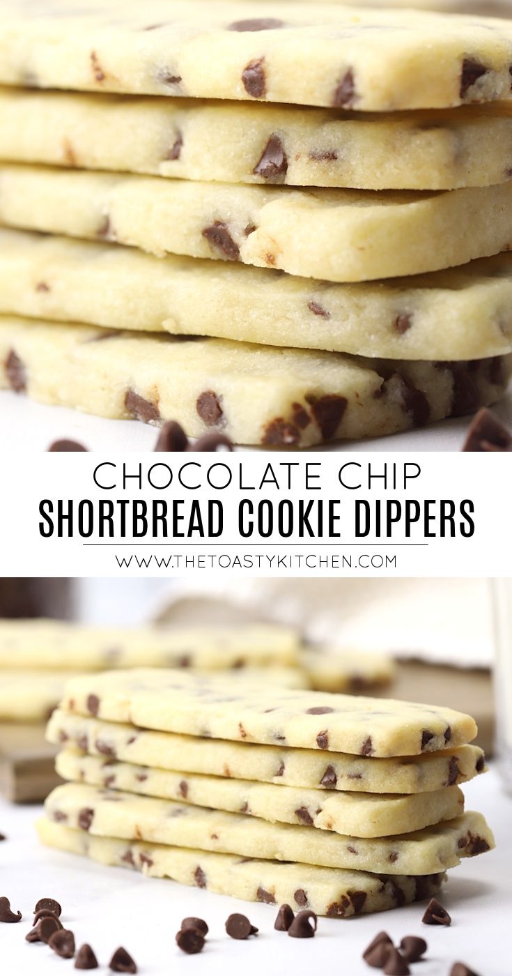 chocolate chip shortbread cookie dippers are stacked on top of each other and ready to be eaten