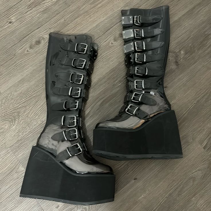 Brand New Without Box Platform Demonia, Shoes Demonia, Rocker Boots, Knee High Platform Boots, Demonia Shoes, Goth Punk, Motorcycle Boots, Platform Boots, Aesthetic Fashion