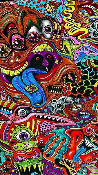 an artistic painting with many different colors and patterns on the surface, including a dog's face