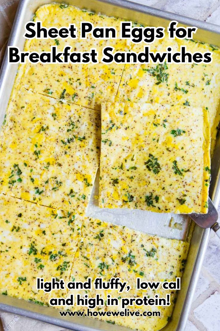 an egg casserole with cheese and herbs on top in a baking pan for breakfast sandwiches