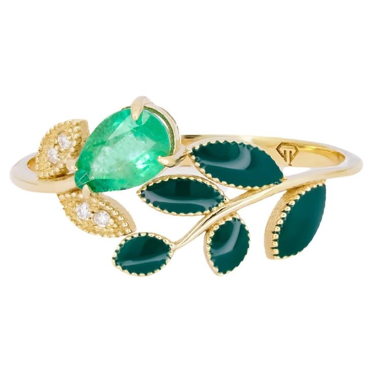 "Floral" ring with enamel green leaves with emerald, diamonds in 14k gold. Open ended ring with emerald 14k solid gold Weight: 2.1 g. Set with emerald. Pear shape, approx 1 ct, green color. Clarity: SI Surrounding stone - diamond 0.10 ct (G/Vs), round brilliant cut. Some leaves are covered with enamel. Pear Diamond Rings, Enamel Ring, 14k Gold Ring, Gold Enamel, Emerald Diamond, Pear Shaped, Floral Rings, Pear, Fashion Rings