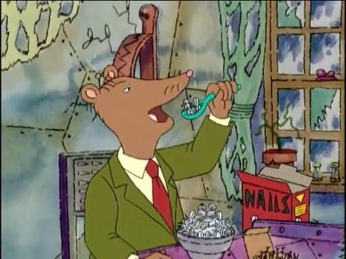 a cartoon character brushing his teeth in front of a mirror with other items around him