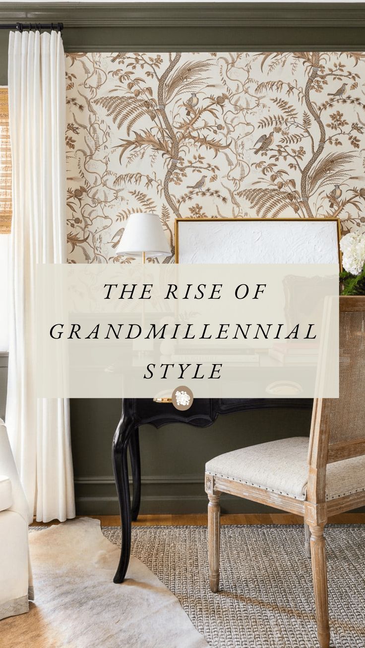 the rise of grandmotherial style in interior design and decorating, with text overlay