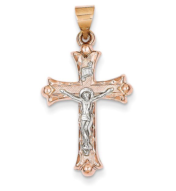 14K Rose and White Gold Crucifix Necklace Gold Crucifix Necklace, Crucifix Necklace, Symbolic Jewelry, Christian Jewelry, Religious Jewelry, Charm Pendant, Gold Chains, Two Tone, Gold Jewelry