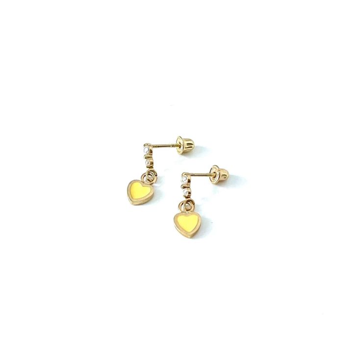 14k yellow gold drop earrings with yellow enamel heart and cubic zirconia stones.DETAILS:Length: 10mmMaterial: 14k yellow gold and yellow enamelStones: Cubic ZirconiaClosure: Screw Back 14k Yellow Gold Drop Earrings, Yellow Gold Drop Earrings, Gold Drop Earrings, Screw, Cubic Zirconia, Yellow Gold, Stud Earrings, Drop Earrings, Stone