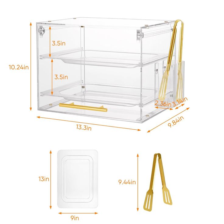 clear plastic storage box with gold handles and dividers