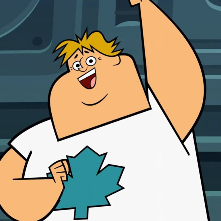 a cartoon character with his arm up in the air and holding a canadian maple leaf