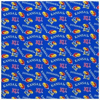 kansas university pattern on blue background with the word kansas in red and yellow, as well as