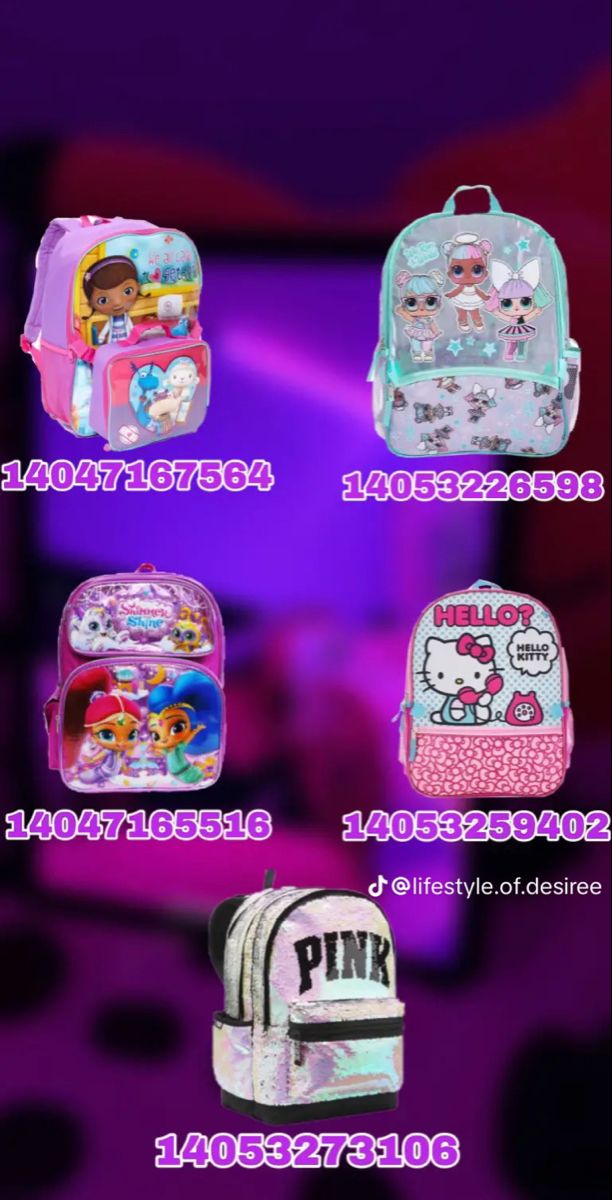 the back to school backpacks are all different colors and sizes, with hello kitty on them