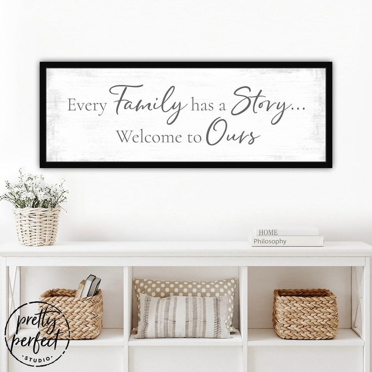 a sign that says every family has a story welcome to ourss on the wall