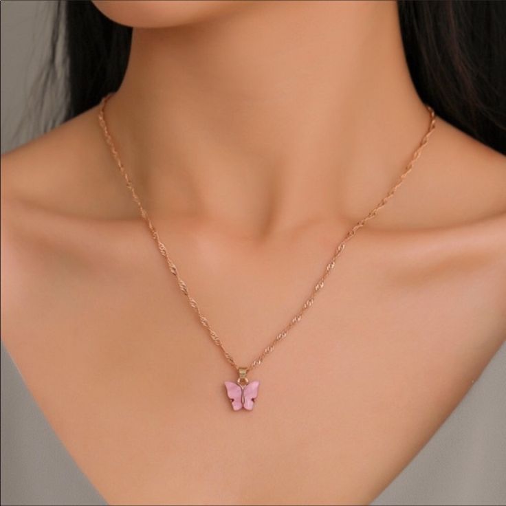 Light Pink Butterfly Pendent Necklace Matching Earring Available In A Different Listing Available In White , Yellow , Light Pink , Dark Pink , Blue , And Black Tags: Ear Cuff Earring Bracelet Anklet Necklace Ring Hair Pin Hair Accessories Minimalist Delicate Dainty Statement Boho Bohemian Pendent Charm Choker Chain Layer Vintage Diamond Pearl Crystal Rhinestones Moon Star Heart Butterfly Coin Bar Leaf Flower Silver Gold Pink Clavicle Chain Charm Necklace For Party, Pink Charm Necklace For Gift, Cute Necklaces With Adjustable Chain, Dainty Pink Charm Necklace With Adjustable Chain, Pink Butterfly Charm Pendant Necklace, Pink Pendant Necklace With Butterfly Charm, Pink Necklace With Adjustable Chain, Cute Pink Clavicle Chain Jewelry, Rose Gold Butterfly Necklace With Adjustable Chain