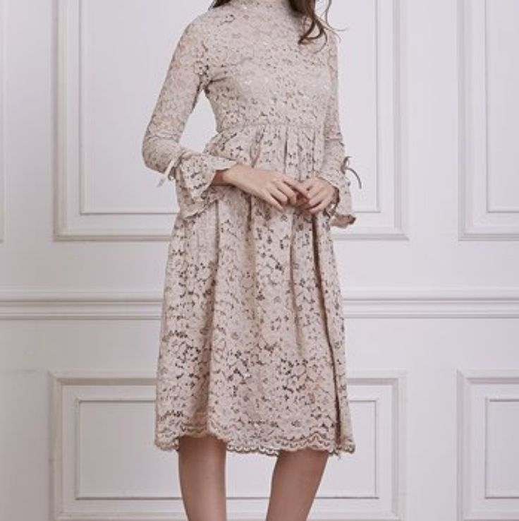 Empire Waist Dress Feminine Winter Brunch Dresses, Chic Beige A-line Lace Dress, Elegant Fit And Flare Midi Lace Dress, Elegant Fit And Flare Midi Length Lace Dress, Elegant Fit And Flare Lace Midi Dress, Elegant Lace Fit And Flare Midi Dress, Spring Elegant A-line Lace Dress, Spring Formal Midi Lace Dress, Spring Knee-length Lace Midi Dress