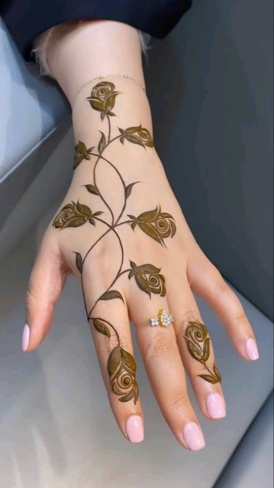 a woman's hand with hennap and flowers painted on the palm,