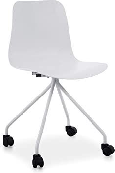 a white plastic chair with wheels and casteors on an isolated surface, viewed from the front