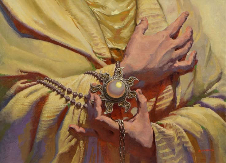 a painting of a person holding a rosary