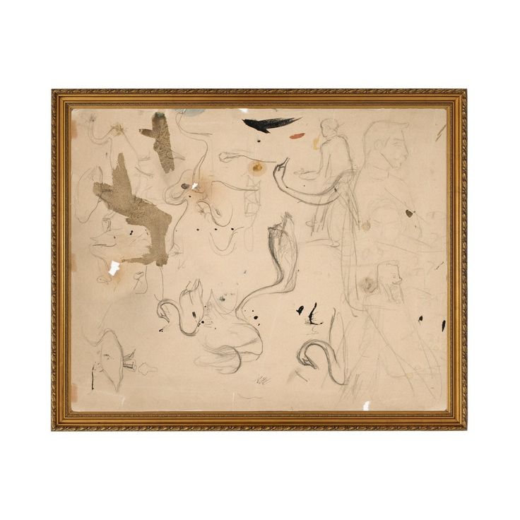 an abstract painting with birds and other animals in gold frames on a white wall above it