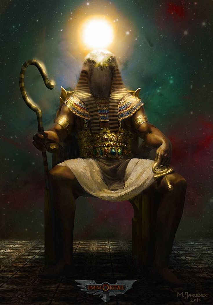 an egyptian god sitting on a chair with his hands in his pockets and holding a staff