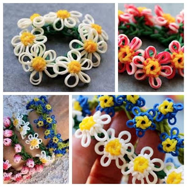 four different types of bracelets made from plastic beads and yarn with flowers on them