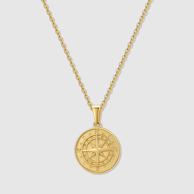 Our North Star Compass necklace is made from Premium quality 316L stainless steel. This allows the pendant and chain to be water and sweat resistant. This chain can be worn on its own as a statement or be layered with other chains from our shop.◈ Chain Length: 20 Inches◈ Chain Width: 1.5 MM◈ Chain Color : Gold◈ Chain Style: Flat cable◈ Pendant Size: 20mm x 20mm x 3mm◈ Chain Quality: 316L stainless steel with PVD vacuum 18K gold plating◈ Chain Clasp: Lobster◈ Model is male, 5'10 & size medium◈ Hy Gold Compass Design Necklace In Stainless Steel, Gold Stainless Steel Compass Necklace, Gold Stainless Steel Necklace With Compass Design, Gold Compass Necklace, Compass Necklace Silver, Compass Necklace, North Star, Gold Plated Chains, Steel Jewelry