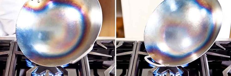 two identical images of a stove top burner with blue flames in the bottom, and an image of a large metal object above it