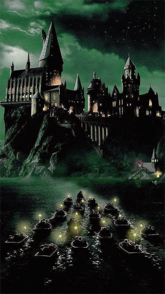 the hogwarts castle is lit up at night