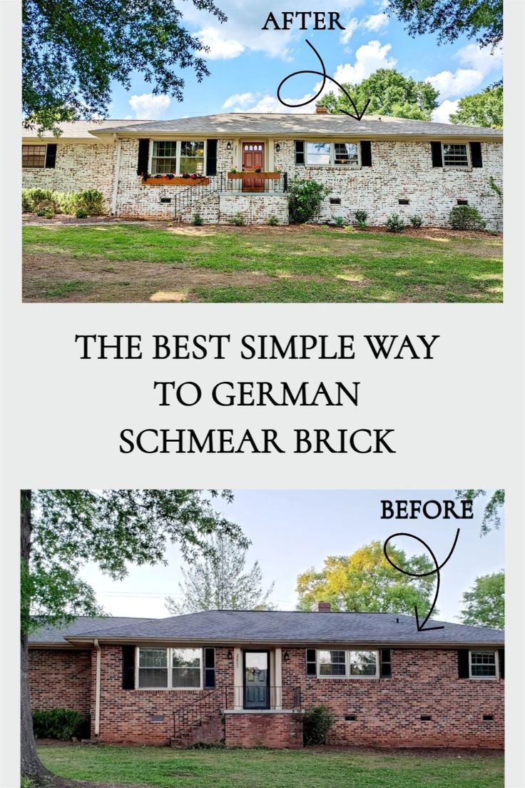 the before and after pictures of a brick ranch house with grass in front of it