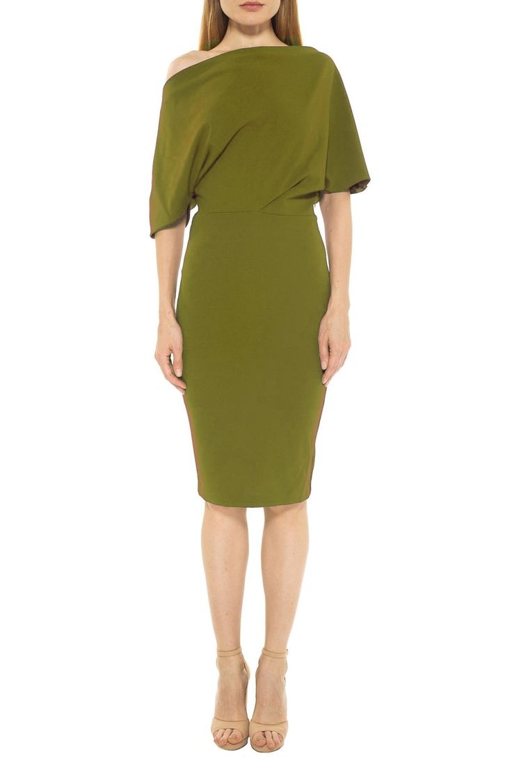 An elegant crepe sheath dress features an off-the-shoulder silhouette that coordinates with a variety of accessories for instantly chic style.Fit: this style fits true to size. Off-the-shoulder. 3/4 length sleeves. Concealed side zip closure. Vented back hem. Solid color. Crepe construction. Lined. Approx. 42" length (size S). Imported Asymmetrical One Shoulder Dress With Draped Sleeves For Summer, Elegant One Shoulder Dress With Draped Sleeves For Spring, Elegant Draped Off Shoulder Dress For Spring, One Shoulder Dresses With Draped Sleeves For Summer, One Shoulder Dress With Draped Sleeves For Summer, One Shoulder Green Cocktail Midi Dress, Summer Evening One Shoulder Dress With Draped Sleeves, Fitted One Shoulder Dress With Draped Sleeves, One Shoulder Dress With Draped Sleeves And Asymmetrical Neckline