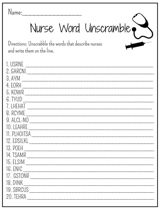 the nurse word unscrable worksheet is shown in black and white