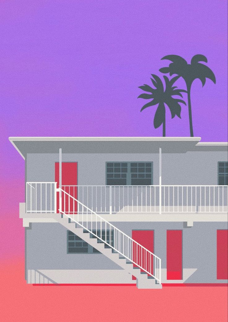 an illustration of a house with stairs and palm trees on the roof, against a purple sky