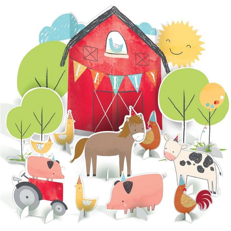 an image of farm animals in front of a red barn with trees and sun on the roof