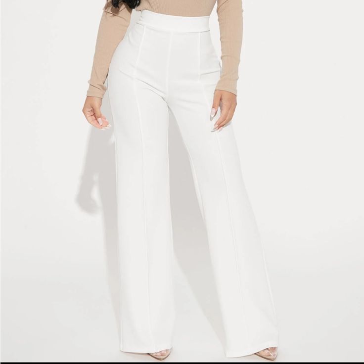 White High Waisted Dress Pants. High Waist, Back Zipper, Wide Leg Flare Pant, Stretch. 32” Inseam 96% Polyester 4% Spandex White High-waisted Dress Pants For Formal Occasions, White Fitted Wide-leg Pants, Formal White Full-length Pants, Fitted High-waisted White Wide Leg Pants, White Non-stretch Wide-leg Pants, White Flare Pants, High Waisted Dress, White Dress Pants, High Waisted Dress Pants