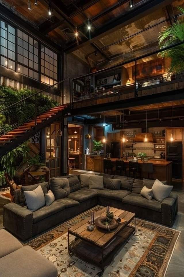 a living room filled with lots of furniture next to a stair case in a building