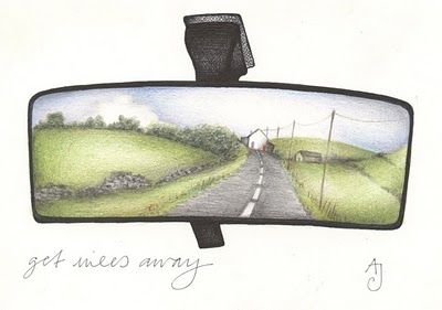 a drawing of a country road in the rear view mirror