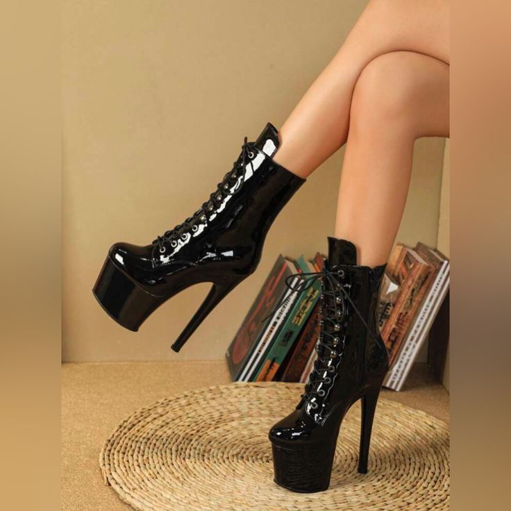 Beautiful Boots Platform Unique High Heels, Heeled Lace Up Boots, Dr Shoes, Pleaser Shoes, Super High Heels, Boots Women Fashion, Beautiful Boots, Black Boots Women, Black High Heels