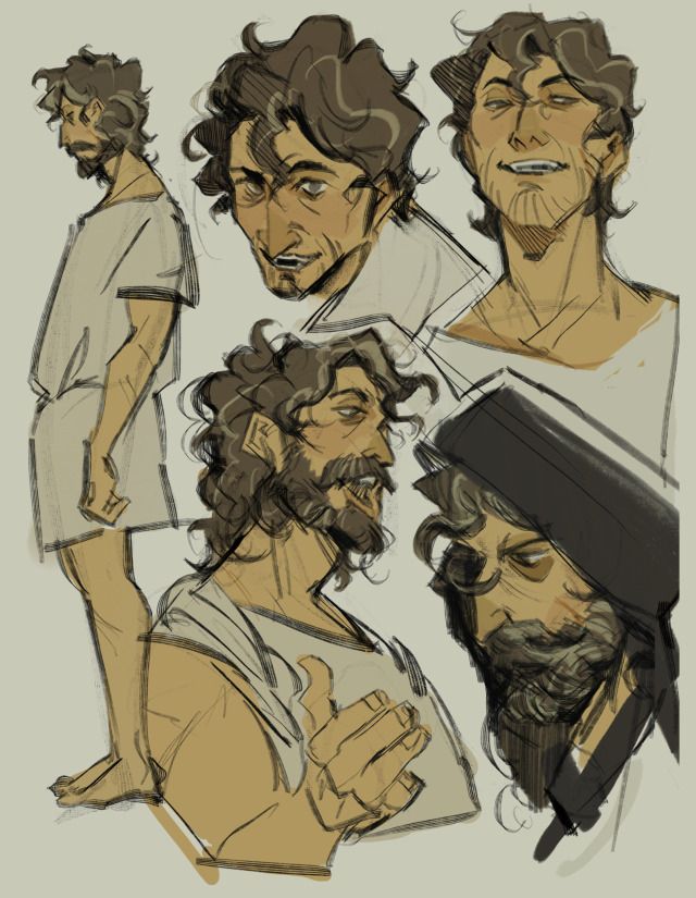 some drawings of men with beards and one is pointing to the side, while another man