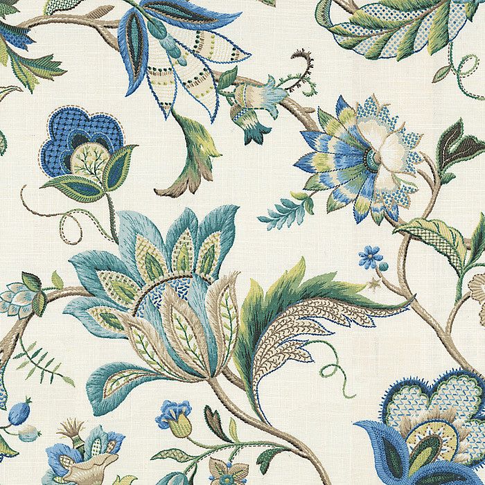 a blue and green floral design on a white wallpaper with leaves, flowers, and vines