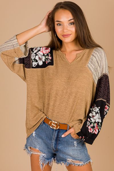 Mixed Sleeves Top, Taupe :: NEW ARRIVALS :: The Blue Door Boutique Casual Floral Patchwork Blouse For Fall, Casual Multicolor Tops With Striped Sleeves, Patterned Long Sleeve Top With Mixed Print, Long Sleeve Patterned Top With Mixed Print, Fall Long Sleeve Tops With Contrast Sleeves, Long Sleeve Tops With Contrast Sleeves For Fall, Fall Multicolor Mixed Print Tops, Hippie Patterned Tops For Fall, Fall Floral Patchwork Blouse