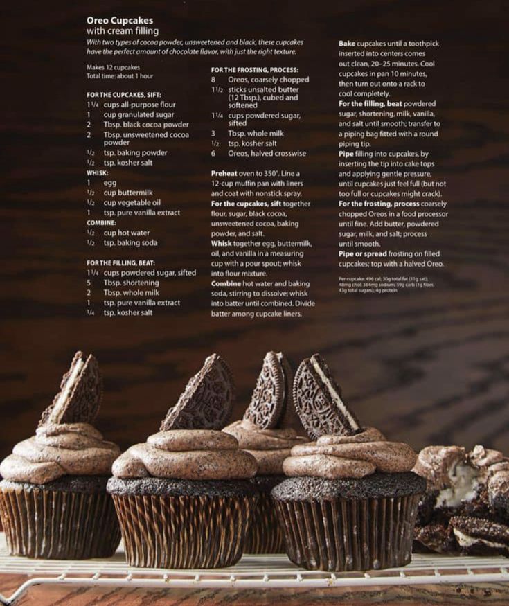 an advertisement with chocolate cupcakes and other dessert items on a tray in front of it