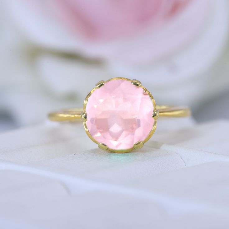 Vintage Rose Quartz Promise Ring Art Deco Bridesmaid Jewelry Pink Gemstone Ring Delicate Women Stacking Ring 14k Yellow Gold Engagement Ring Maine Stone - Rose Quartz Stone Creation - Lab Created Stone Shape - Round Stone Color - Pink Stone Size - 8 MM Birthstone - July Features: * Handmade * Ready To Ship * Brand New * All Ring Sizes Available * Suitable For Every Day * 14k Solid Gold / 18k Solid Gold / Gold Filled Over Sterling Silver * Purity Stamped * Fits True to Size * High Quality * Avail Pink Birthstone Ring With Gemstone For Formal Occasions, Pink Gemstone Birthstone Ring For Formal Occasions, Formal Pink Birthstone Ring With Gemstone, Formal Pink Gemstone Birthstone Ring, Pink Gemstone Flower Ring For Formal Occasions, Formal Pink Gemstone Flower Ring, Pink Gold Solitaire Jewelry For Wedding, Rose Gold Topaz Gemstone Ring As Gift, Rose Gold Crystal Ring With Birthstone