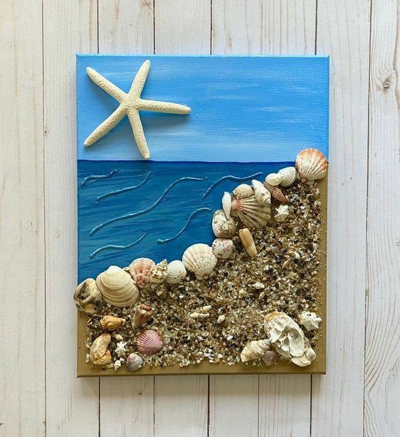 a starfish and seashells on a beach scene made out of acrylic paint