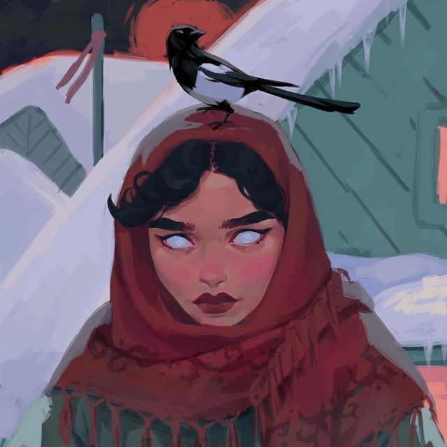 a painting of a woman wearing a red scarf and a black bird on her head