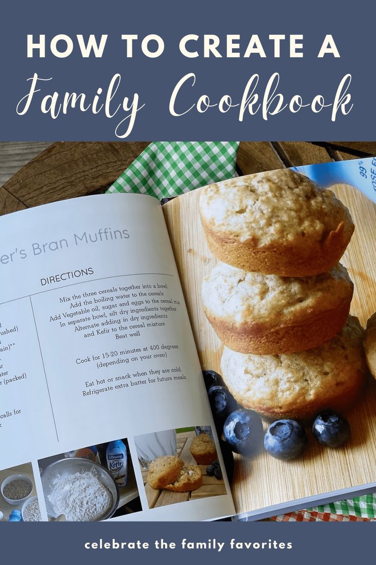 an open recipe book with blueberries and muffins