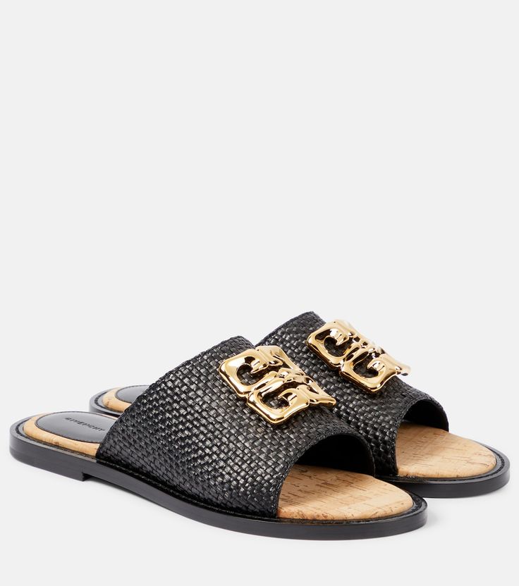 4G Liquid raffia slides in black - Givenchy | Mytheresa Luxury Slide Mules, Luxury Woven Leather Mules, Luxury Straw Sandals With Woven Sole, Luxury Textured Slides For Summer, Designer Straw Open Toe Sandals, Designer Open Toe Straw Sandals, Luxury Open Toe Straw Sandals, Luxury Slip-on Slides For Vacation, Luxury Slip-on Sandals With Woven Sole