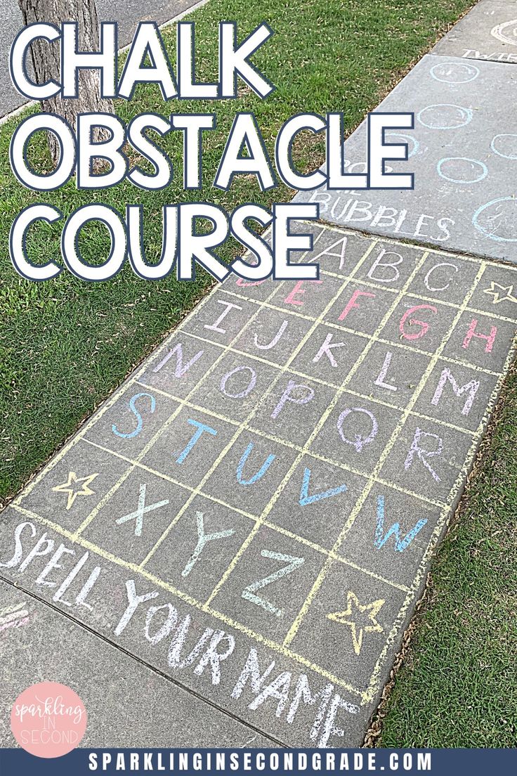 chalk sidewalk with the words chalk obstacle course written on it in front of a tree