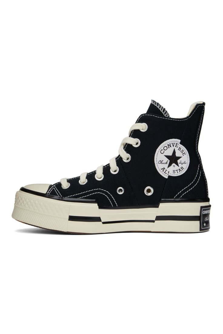 Converse: Black Chuck 70 Plus Sneakers | SSENSE Converse High-top Sneakers With Round Toe, Black Vintage Sneakers With Rubber Heel Cap, Canvas Sneakers With Logo Patch And Round Toe, Sporty Canvas Sneakers With Logo Patch, Retro Canvas Shoes With Rubber Toe Cap For Streetwear, Casual Cotton Canvas Shoes With Logo Patch, Black Retro Canvas Shoes With Round Toe, Vintage Canvas Shoes With Rubber Toe Cap For Streetwear, Converse Canvas Sneakers With Logo Patch On Tongue