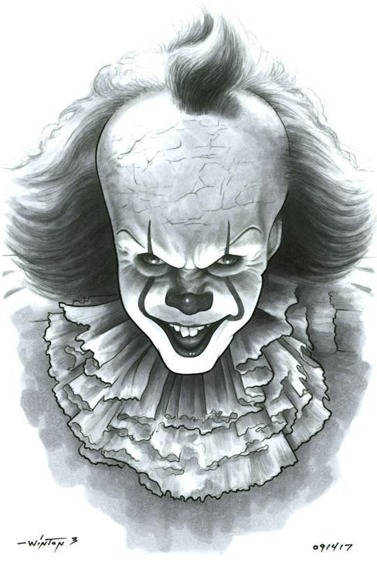 a drawing of a clown's face with hair blowing in the wind and eyes open