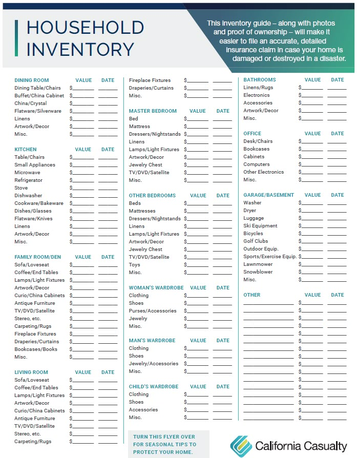 the household inventory checklist is shown in blue and green