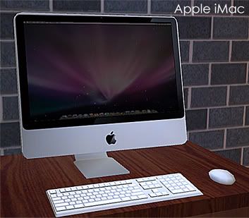 an apple desktop computer sitting on top of a wooden desk next to a brick wall