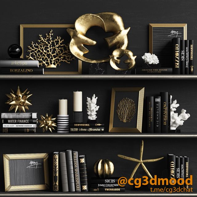 black and gold bookshelves with various items on them, such as an ornament